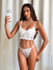 Aloruh 2pcs/Set Women's White Romantic Long Style Lingerie Bra & Panty Set - White - View 7