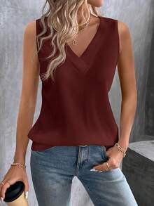 EMERY ROSE Women's Solid Color V-Neck Casual Loose Summer Sleeveless Tank Top - Burgundy - View 5