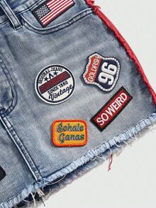 ROMWE Avant Spring/Summer Vintage Distressed Retro Logo Denim Mini Skirt For Women - Baby Blue - View 4