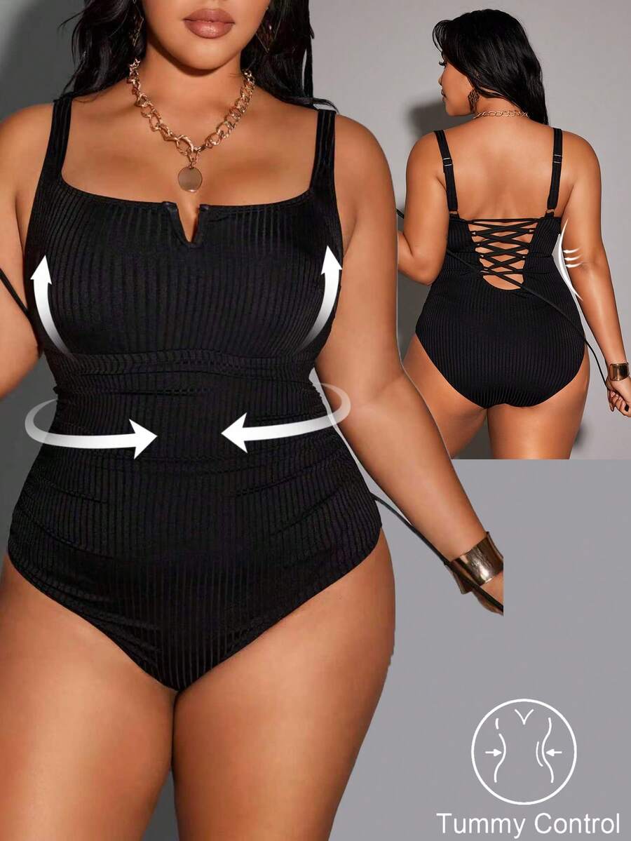 Shapewave Plus Size Solid Color Wide Ribbed Fabric Spaghetti Strap Criss-Cross Back Casual One-Piece Swimsuit - Black - View 1
