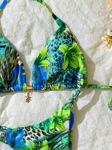Elavelle Spring Break Women's Random Print Halter Metal Decor Sexy Bikini Swimwear Set, Summer Beachwear Outfits - Multicolor - View 5