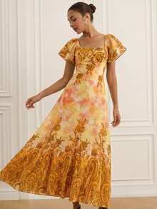 Aveloria Rosie 花卉印花竹节结领短袖收腰喇叭下摆优雅度假百搭女装 - 橘色 - 查看 3