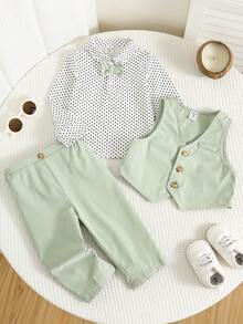 SHEIN 男婴优雅绅士套装，3件套，包括白色波点长袖Polo衫、浅绿色背心和裤子，适合复活节、婚礼、洗礼、一周岁生日、婴儿派对等场合。 - 綠色 - 查看 4