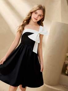 Girls' White Bow Transparent Strap Dress, Suitable For Spring/Summer Weddings, Birthday Parties Girls' Satin Black Midi Dress, Polyester, Sleeveless, Lightweight - Black - View 3