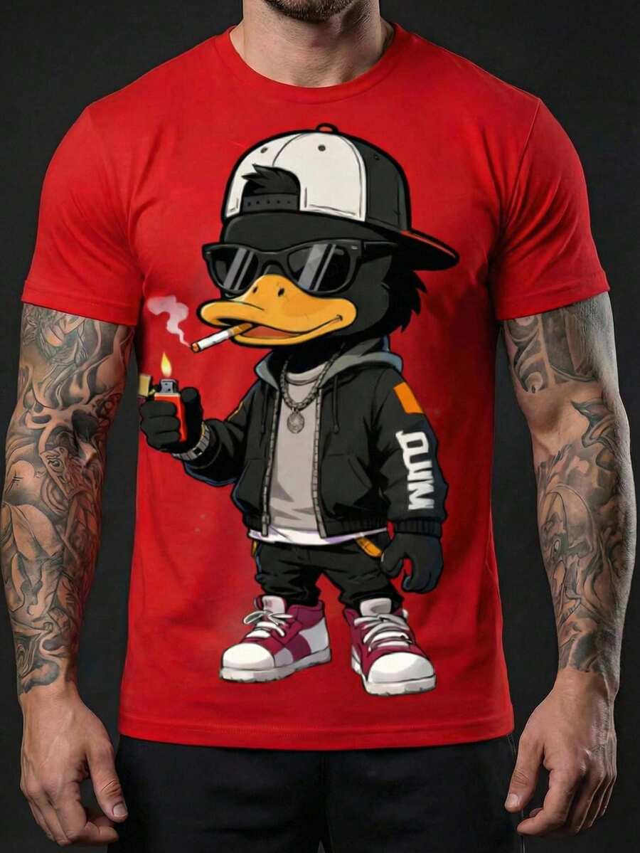 HIMLAND Men's Cartoon Print Red Casual Versatile Short Sleeve T-Shirt