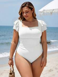 Swim Lushoire Áo tắm liền thân cỡ lớn tay bồng hình cánh hoa - trắng - Xem 2