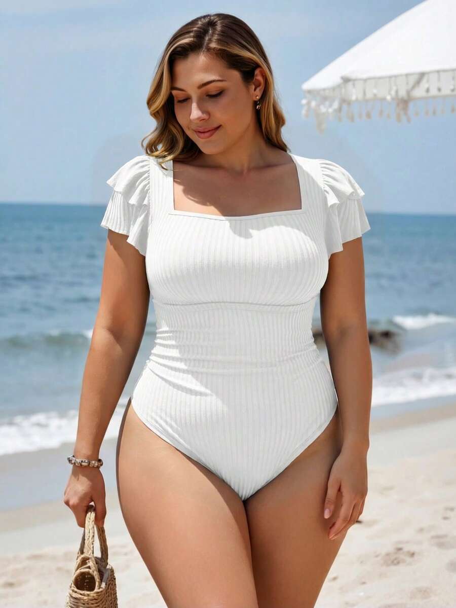 Swim Lushoire Áo tắm liền thân cỡ lớn tay bồng hình cánh hoa