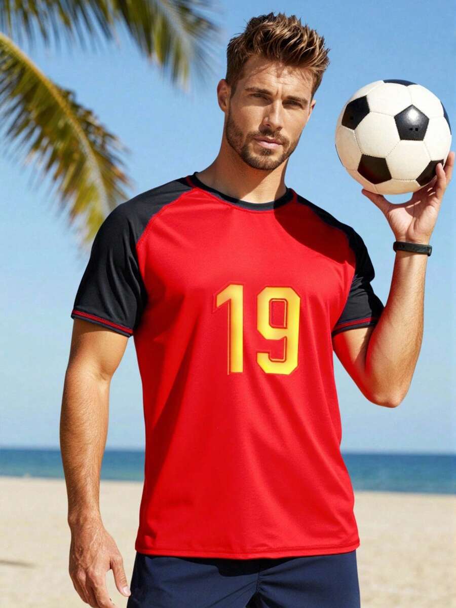 Palasendo Áo chống nắng tay ngắn raglan in số dành cho nam - Đỏ - Xem 1