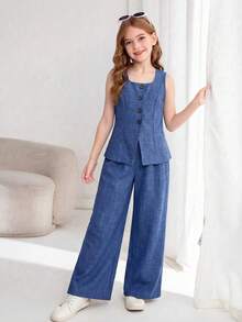 SHEIN Conjunto de top sin mangas con botones y pantalones rectos de moda callejera elegante y casual con estampado jacquard de rayas para niñas preadolescentes - Azul - Ver 3