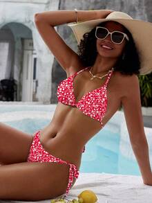 SHEIN Swim Ditsy Floral Print Halter Triangle Bikini Set Summer - Red and White - View 5