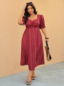 Elaquor 大码女式碎花甜心领花瓣袖优雅连衣裙 - 酒紅色 - 查看 5