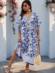SHEIN LUNE Plus Size Women's Geometric Print Batwing Sleeve Dress - Multicolor - View 3