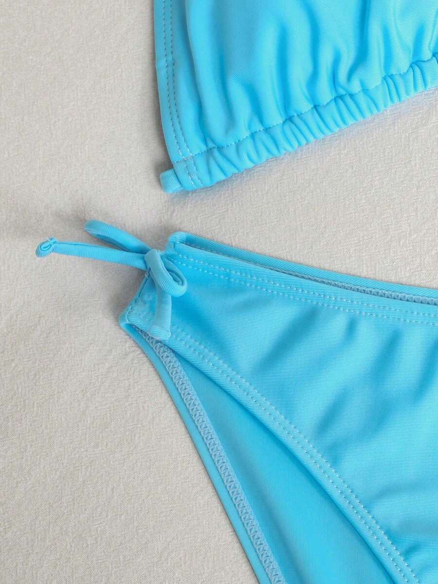 SHEIN 少女蓝色吊带比基尼套装，适合春夏假期穿着 - 藍色 - 查看 1