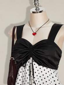 SHEIN ICON 大码女式缎面拼接黑白波点吊带背心 - 黑與白 - 查看 6