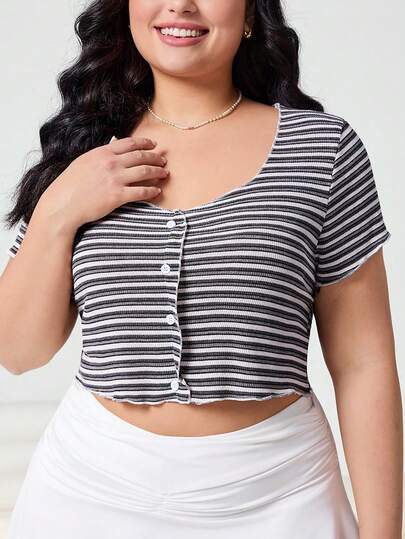 Comfortcana Plus Size Summer Casual Striped Front Button Cropped T-Shirt