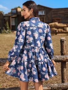 EMERY ROSE Women's Floral Print Single-Breasted Ruffle Casual Denim Dress - Light Wash - View 2