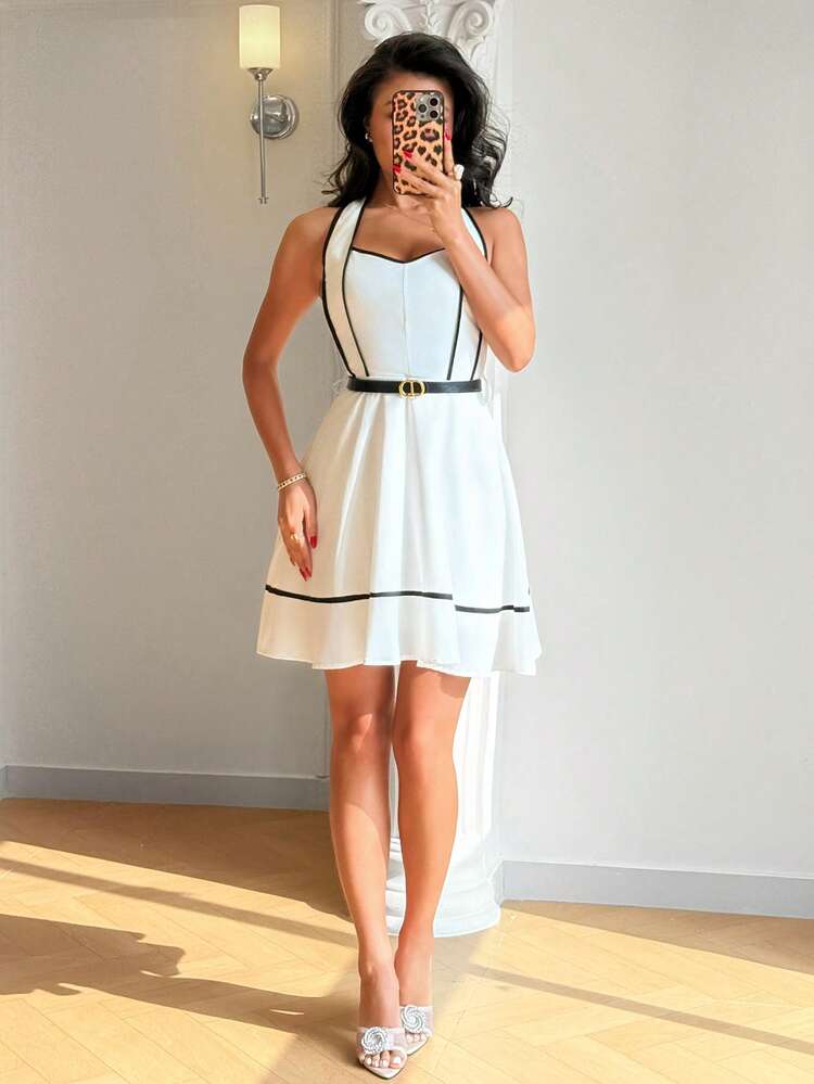 Franclia Fashionable & Elegant Women's Neck Tie Dress - Black and White - View 5