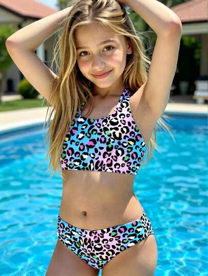 彩色渐变豹纹印花少女休闲吊带背心和三角比基尼泳衣套装，适合夏季休闲度假，#Coconutgirl