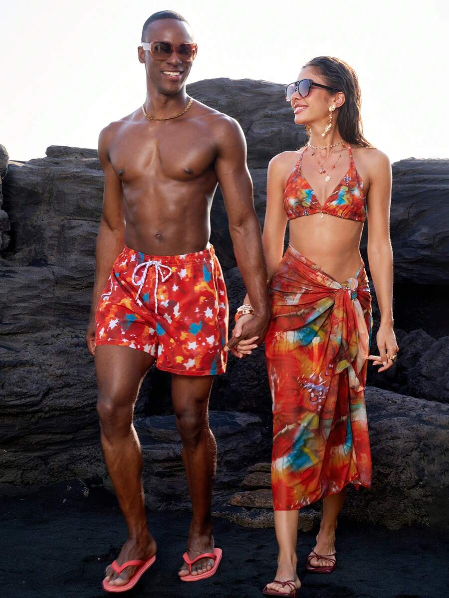 Pantalones cortos de playa casuales con estampado de teñido anudado para hombres - Rojo - Ver 1