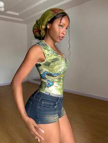 StreetHx Women's Bohemian Style Sexy V-Neck Fitted Short Sleeve T-Shirt,Vacation Outfits Women ,Afro Boho Outfits - Green - View 6