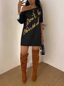 StreetHx Women's Fashionable Asymmetrical Shoulder Printed Black Dress - Multicolor - View 1