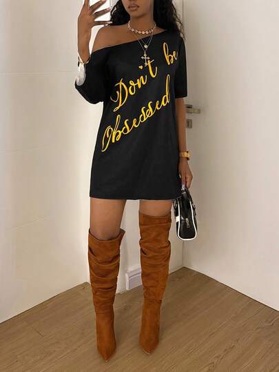 StreetHx Women's Fashionable Asymmetrical Shoulder Printed Black Dress