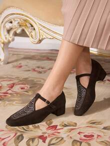 CUCCOO TILAWA Women's Fashion Rhinestone Decor, Suede Square Toe Loafer Shoes - Coffee Brown - View 2
