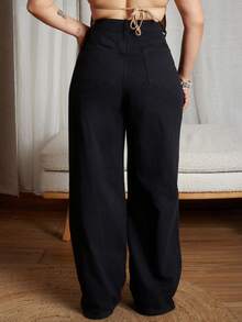 Lupita Cardoza Pantalones vaqueros casuales y versátiles de pierna ancha y bolsillos para mujer - Negro - Ver 2