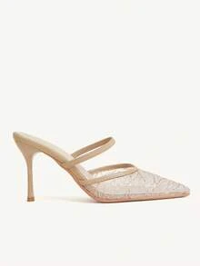 CUCCOO CHICEST Women's New Pointed Toe Khaki Mesh Sequin Fashionable Sexy Stiletto One-Strap Peep Toe High Heel Sandals - Khaki - View 4