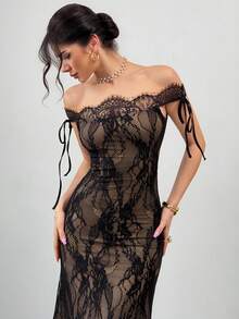 Firerie 女士新款秋冬性感S型蕾丝长袖紧身包臀黑色长裙，夏季连衣裙，茶会礼服，优雅性感 - 黑色 - 查看 5