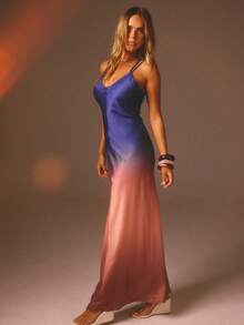 Aralina 夏季女士双肩带优雅渐变印花亮面缎面吊带长裙，适合派对或婚礼宾客穿着 - 彩色 - 查看 8