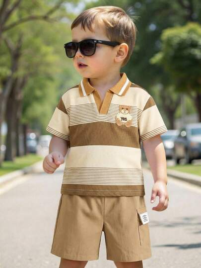 Bubblio 2pcs/Set Baby Boy Casual Striped Polo Shirt & Khaki Shorts Set, Versatile Outfit Suitable For Birthday Party, Evening Event, Performance, Wedding, Baby Shower, 1st Birthday Celebration Baby Boy Summer Wear Boy Khaki Outfit Toddler Summer Outfit