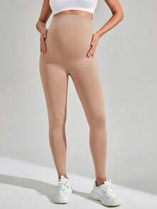 SHEIN Quần legging bầu không đường may, cạp cao nâng đỡ, hỗ trợ bụng rộng rãi - Màu be - Xem 3