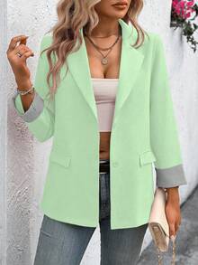 SHEIN Clasi 女士休闲西装外套，条纹袖口，单排扣设计 - 薄荷綠 - 查看 3