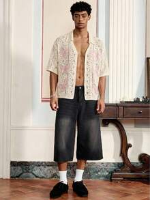 SWAVVY Men's Butterfly Pattern Hollow Button V-Neck Knit Sweater - White - View 3