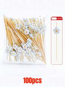 50/100Pcs Bamboo Pick Sweet Daisy Theme Flower Fruit Fork, Party Dessert Salad Stick Cocktail Skewer, Wooden Picks Wedding Birthday Party Supplies - Multicolor - View 27