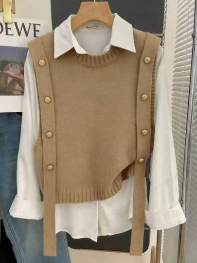 INAWLY Women's Regular Round Neck Loose Button Design Casual Knitted Vest