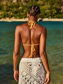 Swim Vcay Women's Summer Vacation Faux Pearl Decor Crochet Floral Halter Cover-Up - Yellow - View 2