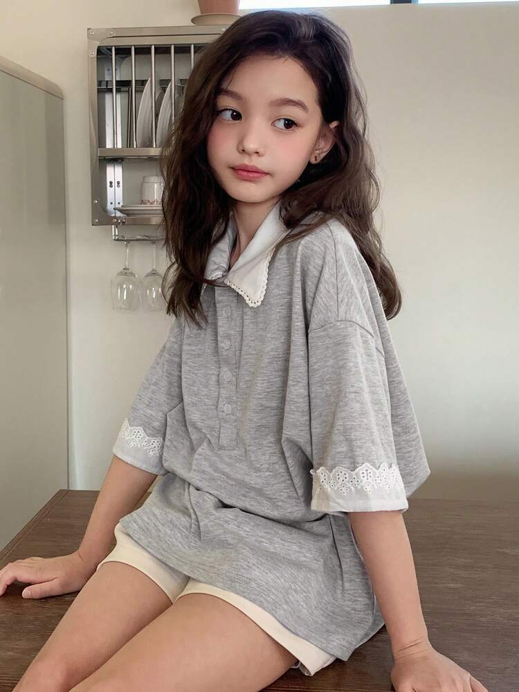 Tween Girl Contrast Color Collar Button Half Placket Drop Shoulder Casual T-Shirt