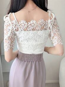 FRIFUL 女士花卉蕾丝拼接露肩短袖T恤 夏季 - 白色 - 查看 2