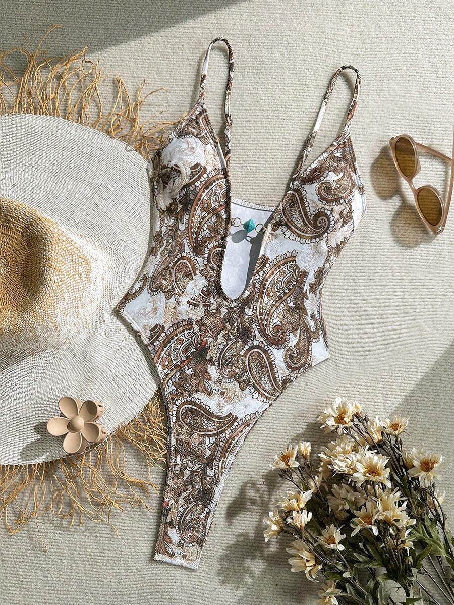 Soleia Women's Halter Neck One-Piece Swimsuit With Paisley Print, Suitable For Beach Vacation, Pool Party, Beach Party - Multicolor - View 1