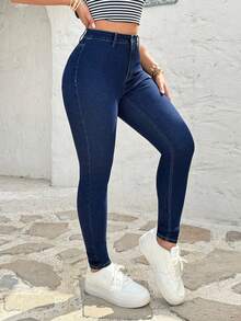 SHEIN 女士时尚休闲百搭修身修腿牛仔裤 - 深色水洗藍 - 查看 3