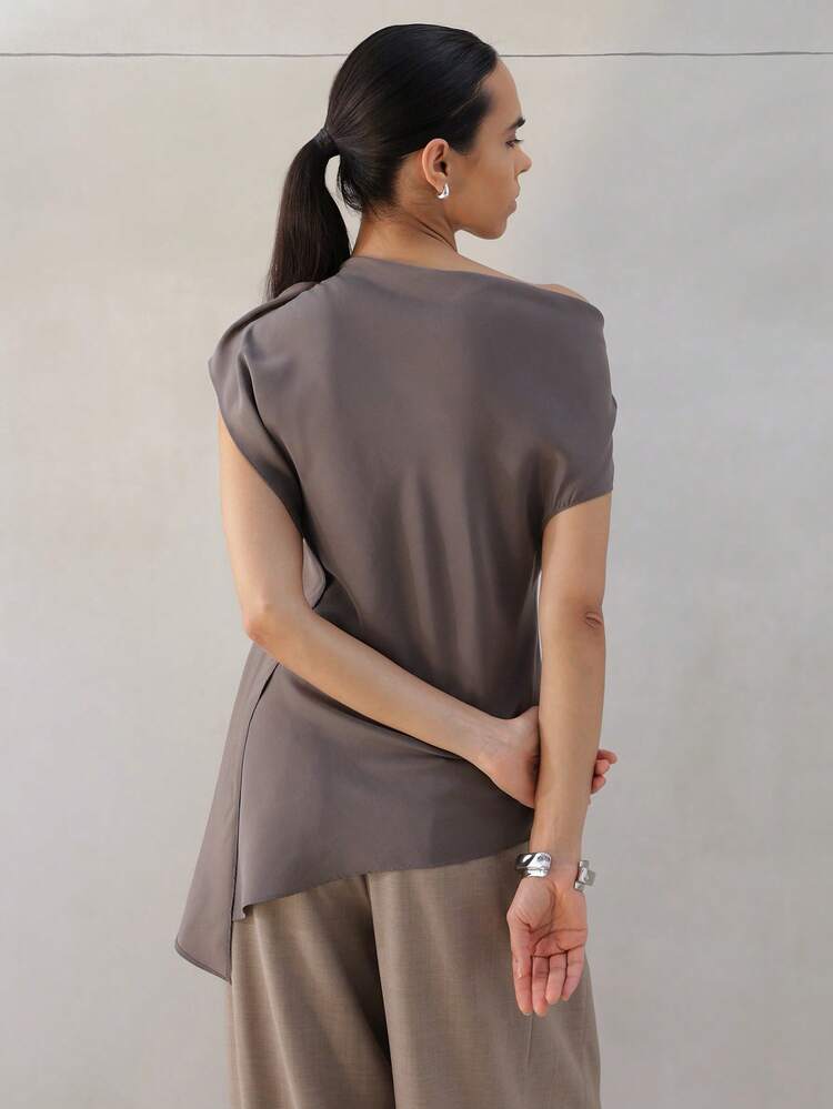 KSTM Women Asymmetric Off Shoulder Top With Short Sleeves And Contemporary Draping Detail For Modern Casual Styling