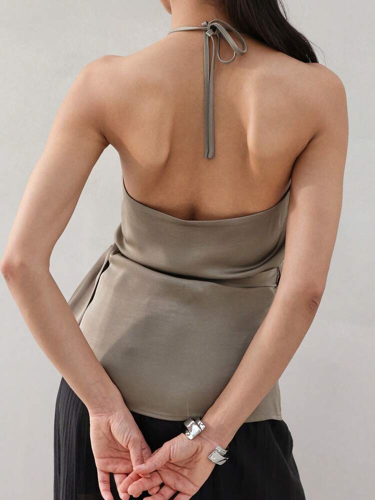 KSTM Sage Green Halter Wrap Top With Side Tie Detail And V Neckline For Summer Casual Wear