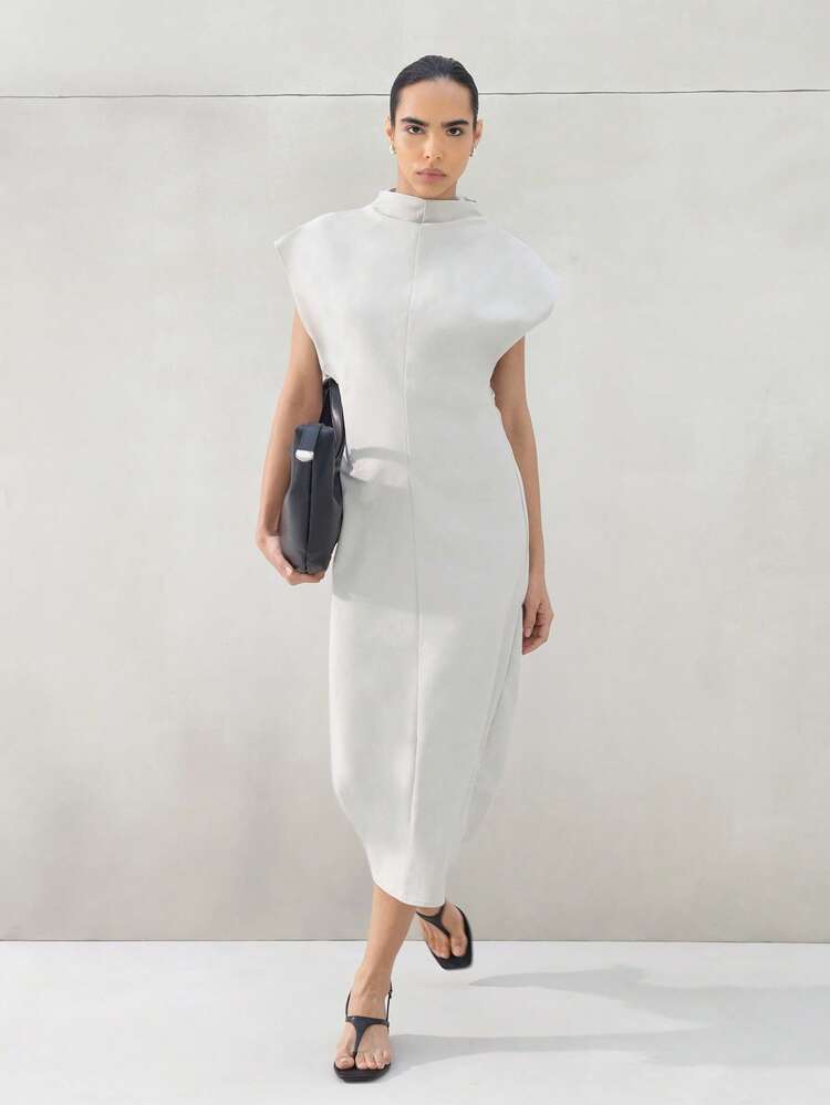 KSTM Mock Neck Sleeveless Midi Dress Cap Sleeves Sophisticated Minimalist Design For Work Office Professional Occasions