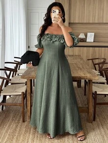 SHEIN LUNE Vestido elegante de fiesta con hombros descubiertos, volantes y decoración floral para mujer de talla grande - Verde militar - Ver 8
