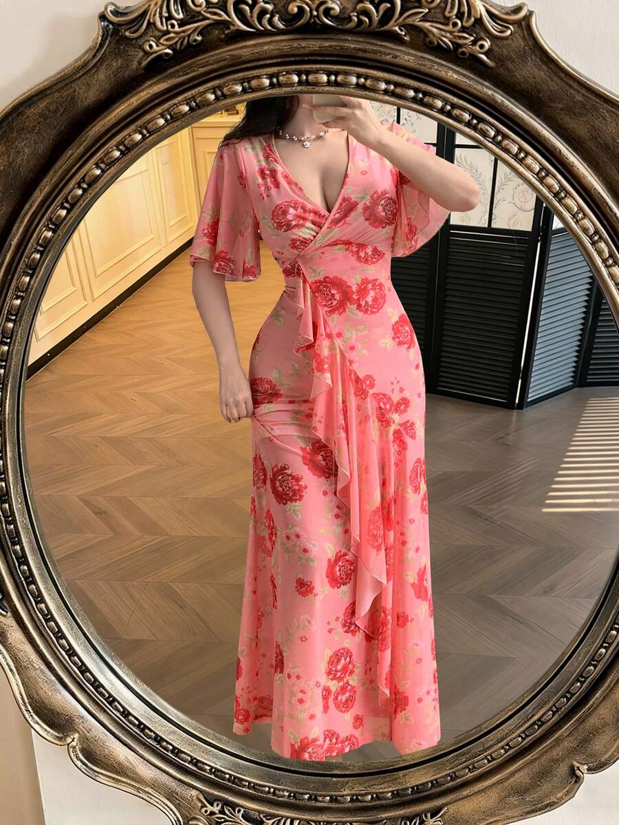 Celisse Women's V-Neck Printed Elastic Waist Ruffle Hem Slimming Elegant Dress - Pink - View 1