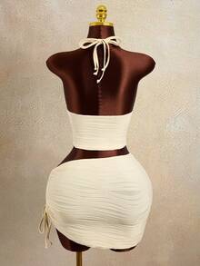 Swim Lushoire Women's Summer Vacation Apricot Wavy Shell Decor Drawstring Spaghetti Strap Camisole, Bikini Set, Beach Outfit - Apricot - View 7