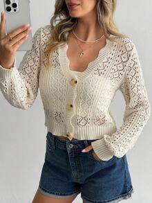 SHEIN Cardigan kimono leggero e traforato da donna con scollo a V e bottoni davanti, lunghezza corta, capo estivo traspirante da sovrapporre per uno stile casual alla moda europeo - Bianco - Visualizzare 6