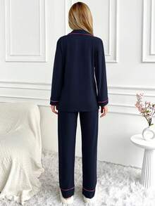 RueChic 女性綁繩細節家居睡衣套裝 - 藏蓝色 - 查看 3